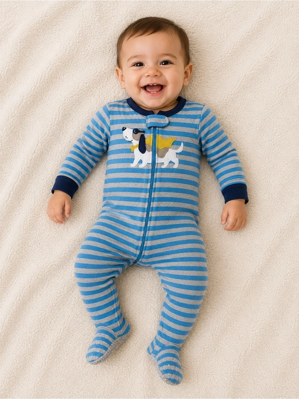 6-9 MTH Carter's Blue & Gray Striped Footed One-Piece with Puppy Applique